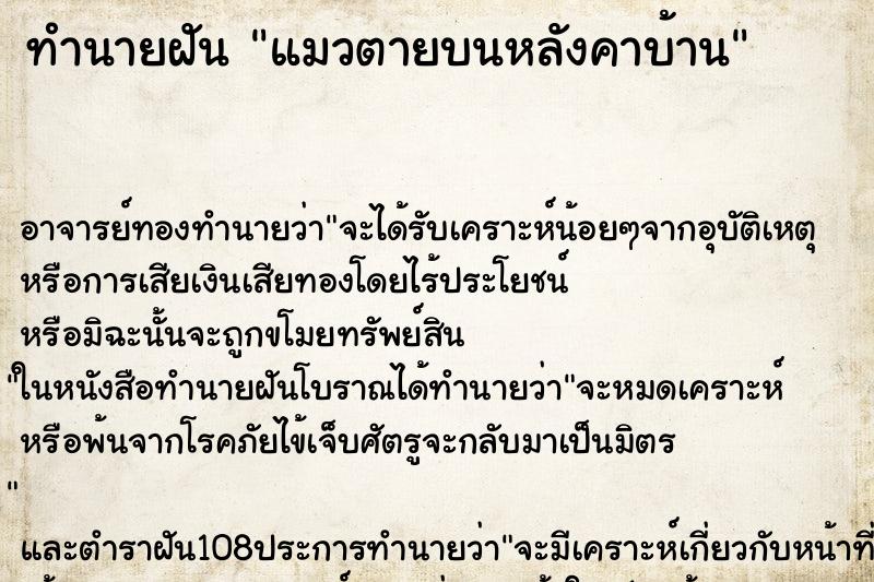 ทำนายฝัน แมวตายบนหลังคาบ้าน ทำนายฝัน แมวตายบนหลังคาบ้าน