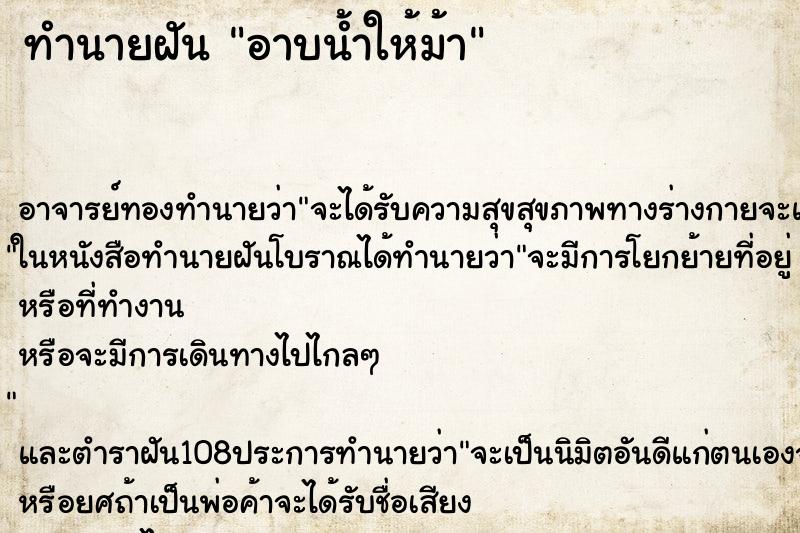 ทำนายฝัน อาบน้ำให้ม้า ทำนายฝัน อาบน้ำให้ม้า
