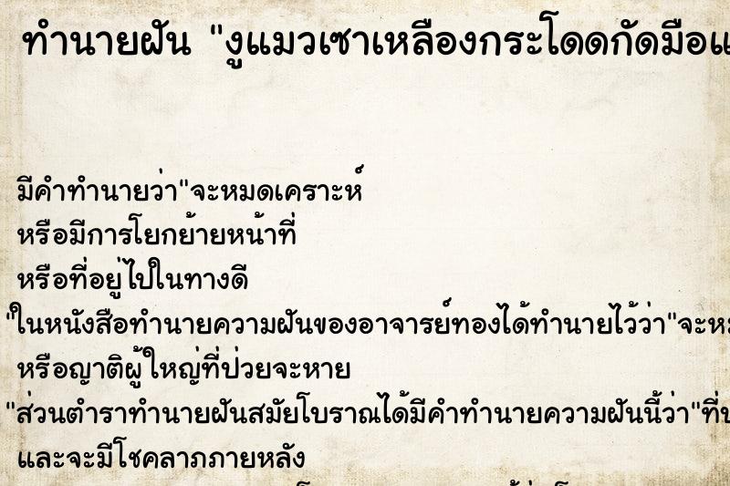 ทำนายฝันงูแมวเซาเหลืองกระโดดกัดมือแล้วบีบคองูจนตาย ทำนายฝันทำนายฝันงูแมวเซาเหลืองกระโดดกัดมือแล้วบีบคองูจนตาย