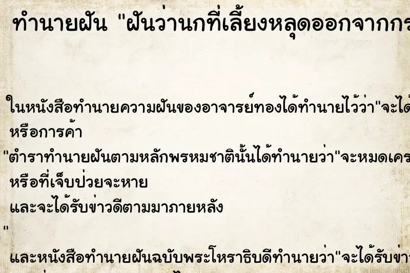ทำนายฝัน ฝันว่านกที่เลี้ยงหลุดออกจากกรง ทำนายฝัน ฝันว่านกที่เลี้ยงหลุดออกจากกรง