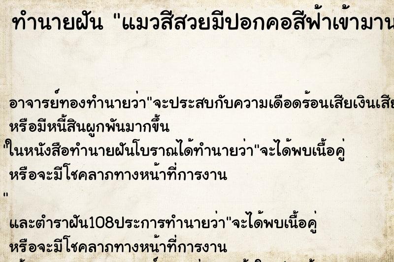 ทำนายฝันแมวสีสวยมีปอกคอสีฟ้าเข้ามานอนเล่นในบ้านเรา ทำนายฝันทำนายฝันแมวสีสวยมีปอกคอสีฟ้าเข้ามานอนเล่นในบ้านเรา