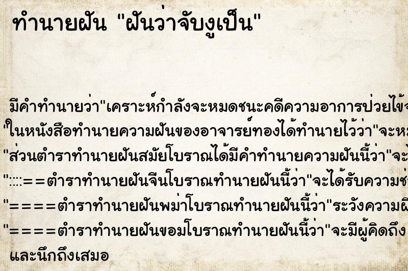 ทำนายฝันฝันว่าจับงูเป็น ทำนายฝันทำนายฝันฝันว่าจับงูเป็น