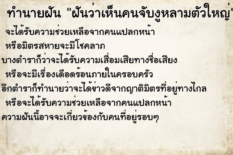 ทำนายฝันฝันว่าเห็นคนจับงูหลามตัวใหญ่ ทำนายฝันทำนายฝันฝันว่าเห็นคนจับงูหลามตัวใหญ่