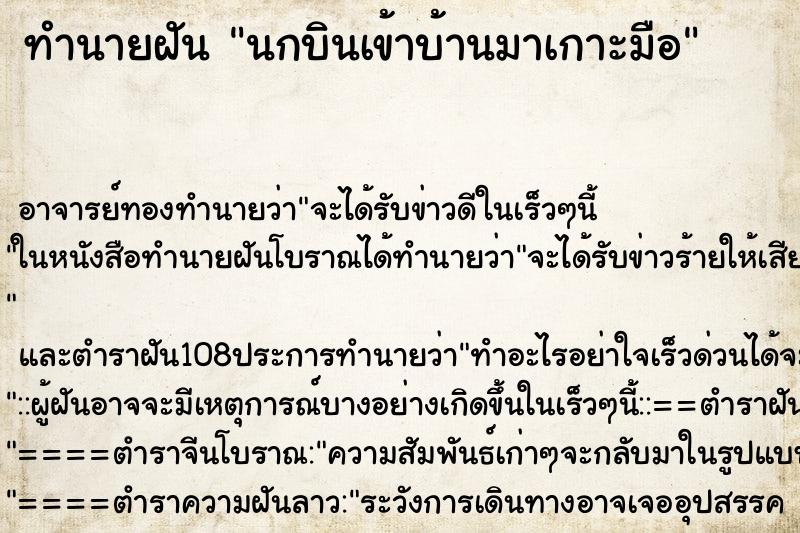 ทำนายฝันนกบินเข้าบ้านมาเกาะมือ ทำนายฝันทำนายฝันนกบินเข้าบ้านมาเกาะมือ