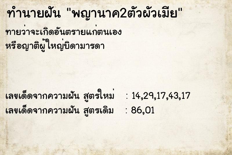 ทำนายฝันพญานาค2ตัวผัวเมีย ทำนายฝันทำนายฝันพญานาค2ตัวผัวเมีย