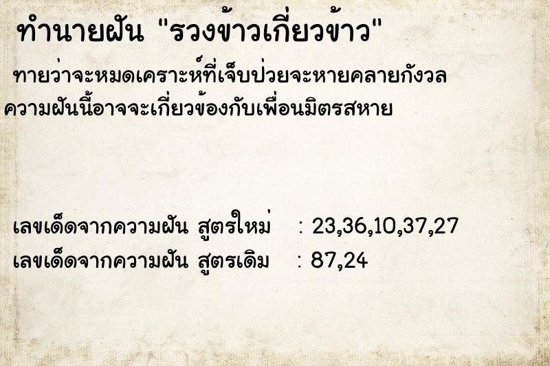 ทำนายฝันรวงข้าวเกี่ยวข้าว ทำนายฝันทำนายฝันรวงข้าวเกี่ยวข้าว
