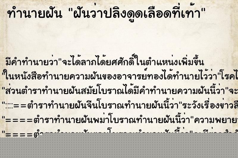 ทำนายฝัน ฝันว่าปลิงดูดเลือดที่เท้า ทำนายฝัน ฝันว่าปลิงดูดเลือดที่เท้า