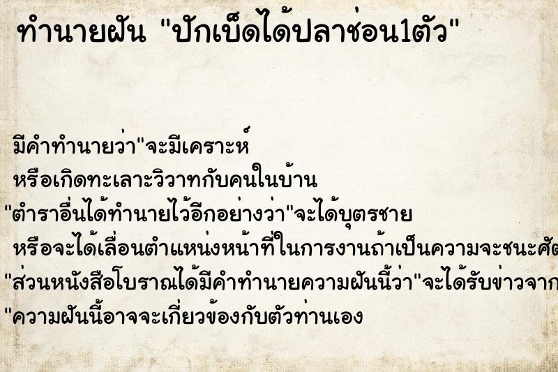 ทำนายฝัน ปักเบ็ดได้ปลาช่อน1ตัว แม่นๆ ฟรี ด้วยตำราหนังสือทำนายฝันโบราณ ทำนายฝันปักเบ็ดได้ปลาช่อน1ตัว