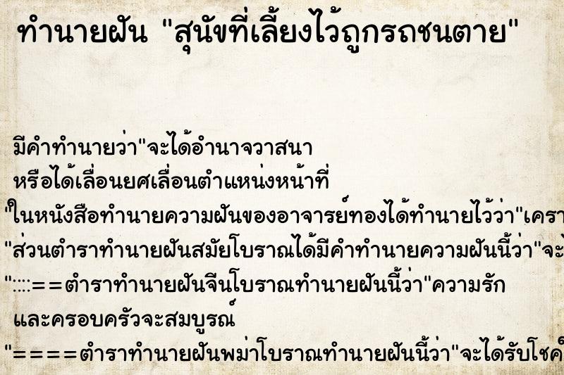 ทำนายฝัน สุนัขที่เลี้ยงไว้ถูกรถชนตาย ทำนายฝัน สุนัขที่เลี้ยงไว้ถูกรถชนตาย