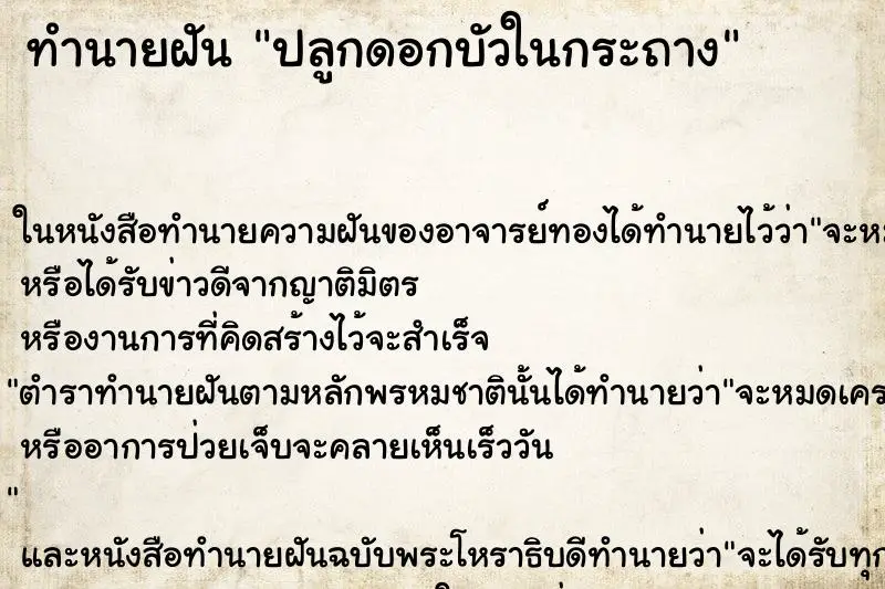 ทำนายฝัน ปลูกดอกบัวในกระถาง ตำราโบราณ แม่นที่สุดในโลก