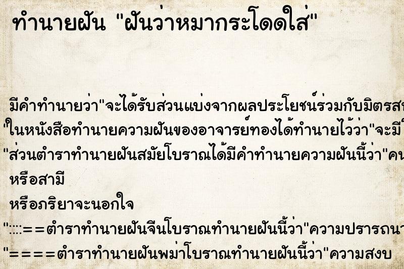 ทำนายฝัน ฝันว่าหมากระโดดใส่ ทำนายฝัน ฝันว่าหมากระโดดใส่