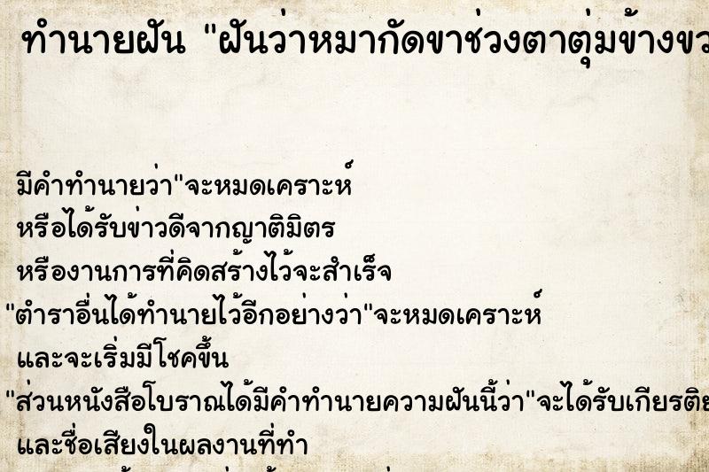 ทำนายฝัน ฝันว่าหมากัดขาช่วงตาตุ่มข้างขวาไม่ยอมปล่อย ทำนายฝัน ฝันว่าหมากัดขาช่วงตาตุ่มข้างขวาไม่ยอมปล่อย