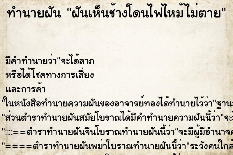 ทำนายฝัน ฝันเห็นช้างโดนไฟไหม้ไม่ตาย ทำนายฝัน ฝันเห็นช้างโดนไฟไหม้ไม่ตาย