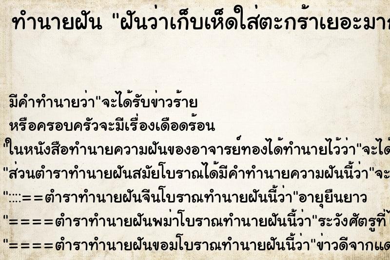 ทำนายฝัน ฝันว่าเก็บเห็ดใส่ตะกร้าเยอะมาก ทำนายฝัน ฝันว่าเก็บเห็ดใส่ตะกร้าเยอะมาก