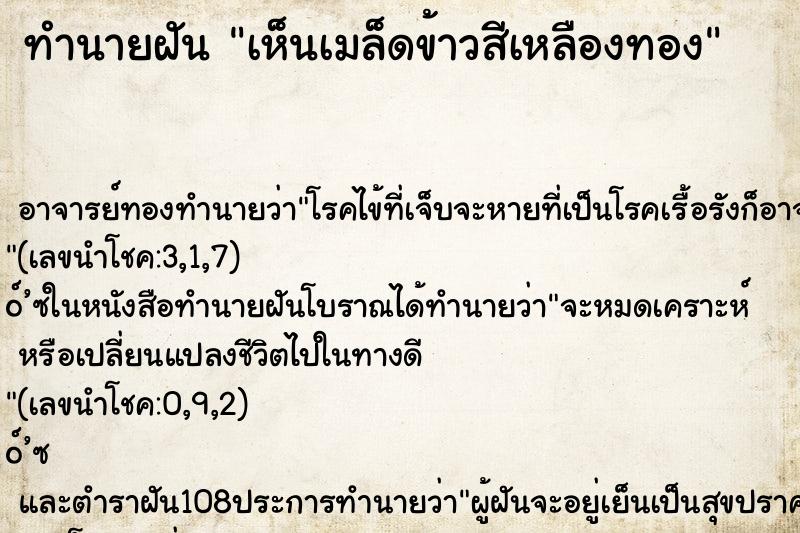 ทำนายฝัน เห็นเมล็ดข้าวสีเหลืองทอง ทำนายฝัน เห็นเมล็ดข้าวสีเหลืองทอง