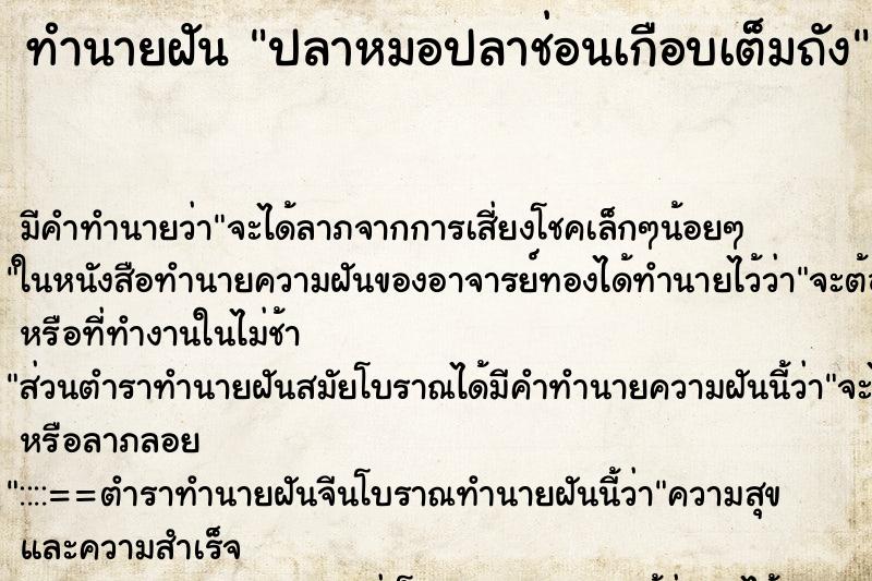 ทำนายฝันปลาหมอปลาช่อนเกือบเต็มถัง ทำนายฝันทำนายฝันปลาหมอปลาช่อนเกือบเต็มถัง