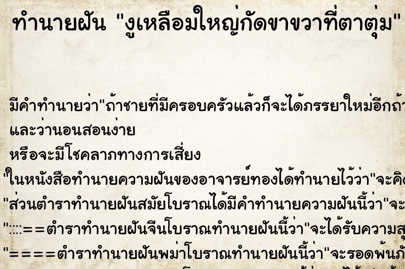 ทำนายฝันงูเหลือมใหญ่กัดขาขวาที่ตาตุ่ม ทำนายฝันทำนายฝันงูเหลือมใหญ่กัดขาขวาที่ตาตุ่ม