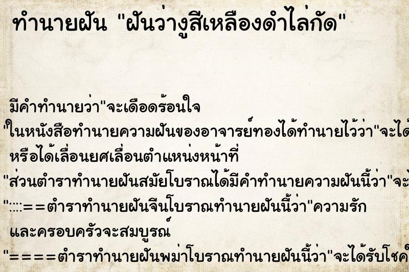 ทำนายฝันฝันว่างูสีเหลืองดำไล่กัด ทำนายฝันทำนายฝันฝันว่างูสีเหลืองดำไล่กัด