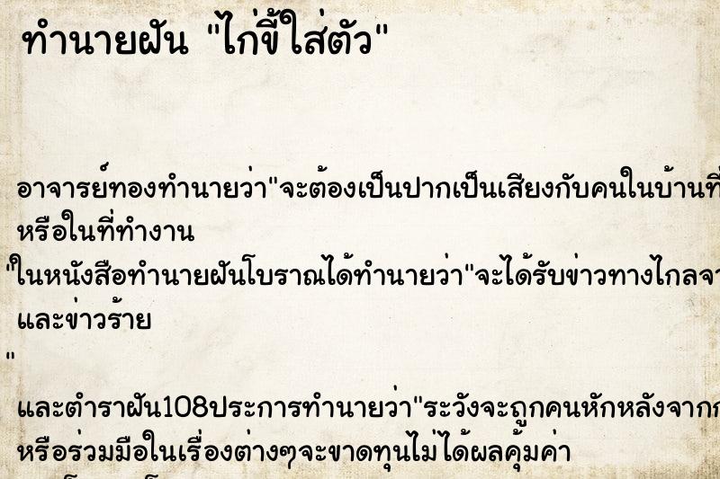 ทำนายฝัน ไก่ขี้ใส่ตัว ตำราโบราณ แม่นที่สุดในโลก