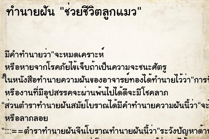 ทำนายฝัน ช่วยชีวิตลูกแมว ทำนายฝัน ช่วยชีวิตลูกแมว