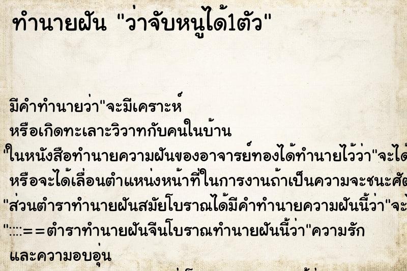 ทำนายฝัน ว่าจับหนูได้1ตัว ตำราโบราณ แม่นที่สุดในโลก