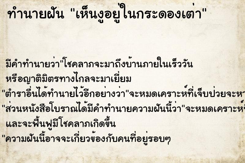 ทำนายฝันเห็นงูอยู่ในกระดองเต่า ทำนายฝันทำนายฝันเห็นงูอยู่ในกระดองเต่า