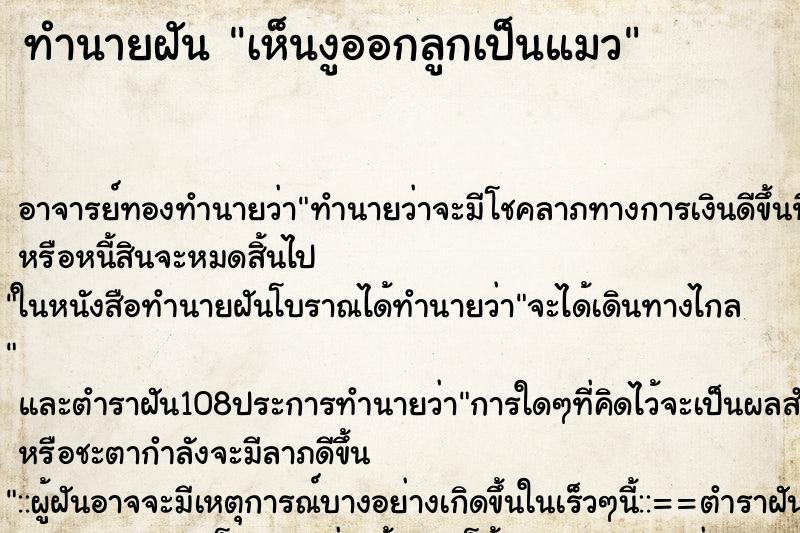 ทำนายฝันเห็นงูออกลูกเป็นแมว ทำนายฝันทำนายฝันเห็นงูออกลูกเป็นแมว