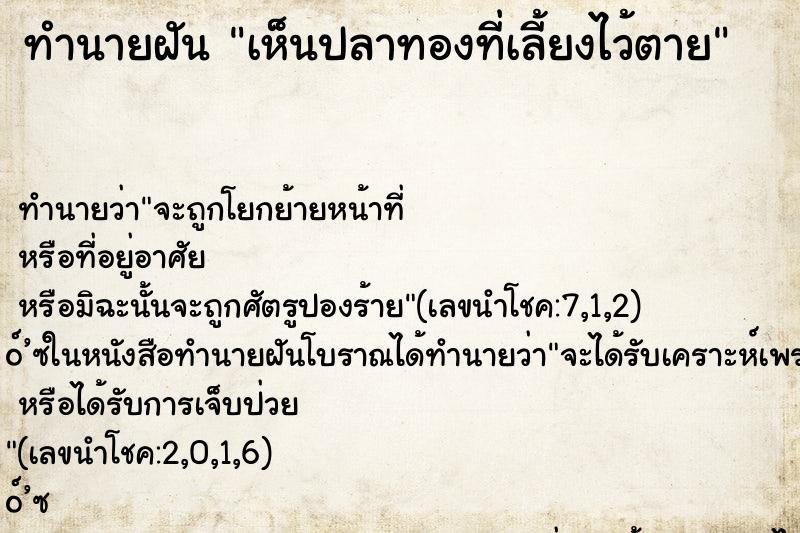 ทำนายฝัน เห็นปลาทองที่เลี้ยงไว้ตาย ทำนายฝัน เห็นปลาทองที่เลี้ยงไว้ตาย