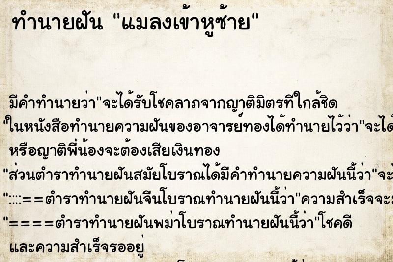 ทำนายฝัน แมลงเข้าหูซ้าย ทำนายฝัน แมลงเข้าหูซ้าย