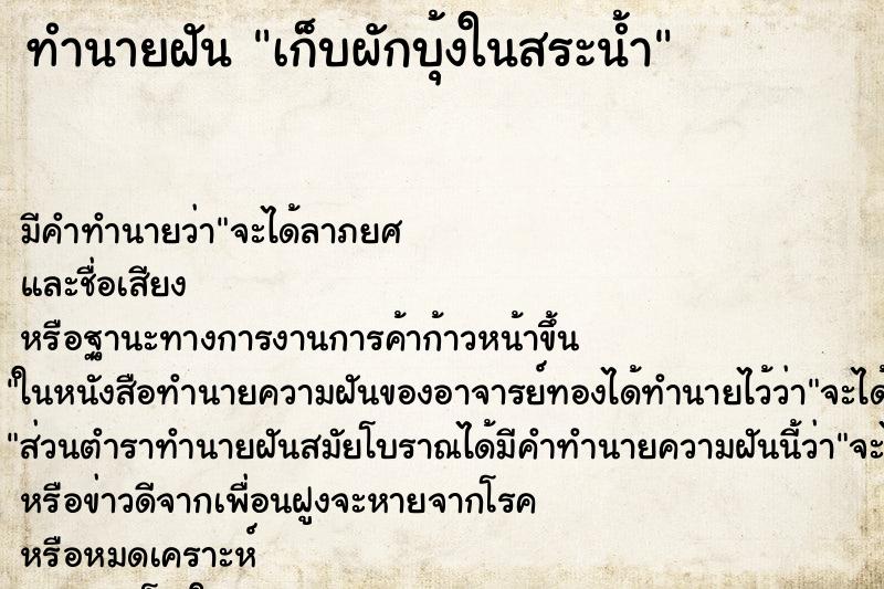 ทำนายฝัน เก็บผักบุ้งในสระน้ำ ตำราโบราณ แม่นที่สุดในโลก