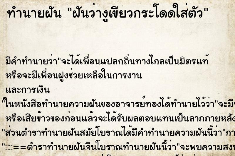 ทำนายฝัน ฝันว่างูเขียวกระโดดใส่ตัว ทำนายฝัน ฝันว่างูเขียวกระโดดใส่ตัว