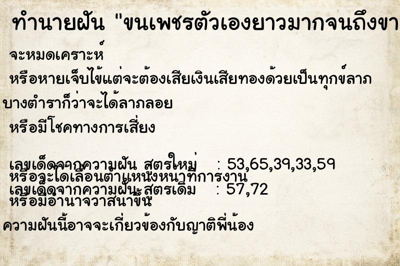ทำนายฝัน ขนเพชรตัวเองยาวมากจนถึงขา ทำนายฝัน ขนเพชรตัวเองยาวมากจนถึงขา