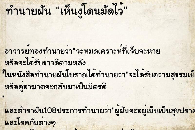 ทำนายฝันเห็นงูโดนมัดไว้ ทำนายฝันทำนายฝันเห็นงูโดนมัดไว้