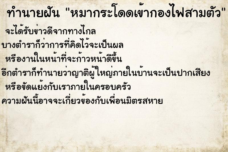 ทำนายฝันหมากระโดดเข้ากองไฟสามตัว ทำนายฝันทำนายฝันหมากระโดดเข้ากองไฟสามตัว
