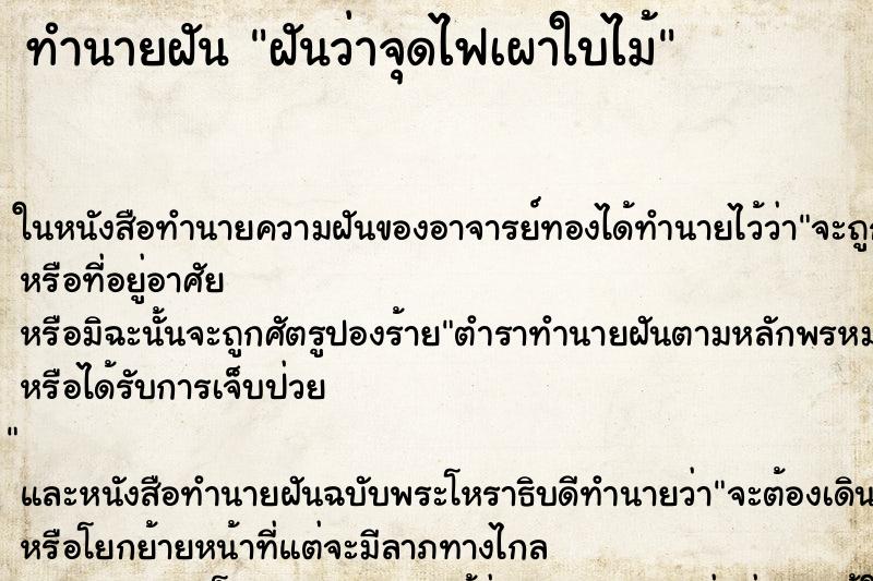 ทำนายฝันฝันว่าจุดไฟเผาใบไม้ ทำนายฝันทำนายฝันฝันว่าจุดไฟเผาใบไม้