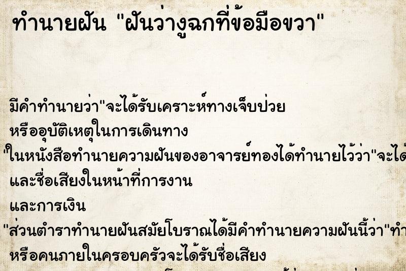 ทำนายฝันฝันว่างูฉกที่ข้อมือขวา ทำนายฝันทำนายฝันฝันว่างูฉกที่ข้อมือขวา