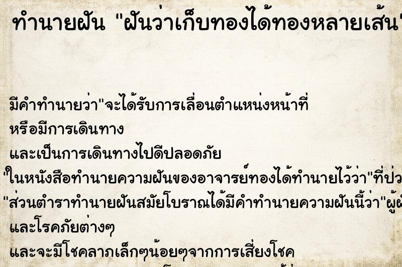 ทำนายฝัน ฝันว่าเก็บทองได้ทองหลายเส้น ทำนายฝัน ฝันว่าเก็บทองได้ทองหลายเส้น