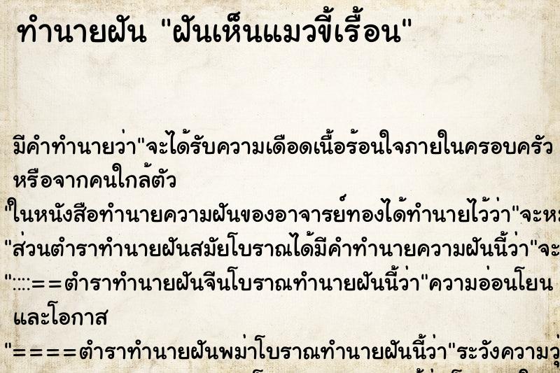 ทำนายฝัน ฝันเห็นแมวขี้เรื้อน ตำราโบราณ แม่นที่สุดในโลก