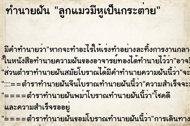 ทำนายฝัน ลูกแมวมีหูเป็นกระต่าย ทำนายฝัน ลูกแมวมีหูเป็นกระต่าย