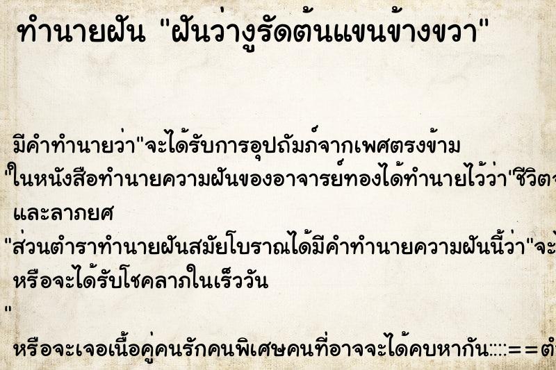 ทำนายฝันฝันว่างูรัดต้นแขนข้างขวา ทำนายฝันทำนายฝันฝันว่างูรัดต้นแขนข้างขวา