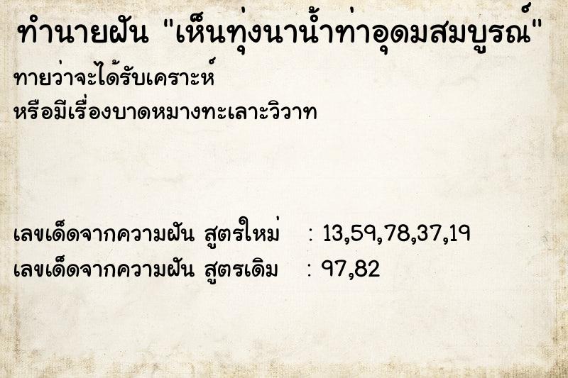 ทำนายฝัน เห็นทุ่งนาน้ำท่าอุดมสมบูรณ์ ทำนายฝัน เห็นทุ่งนาน้ำท่าอุดมสมบูรณ์