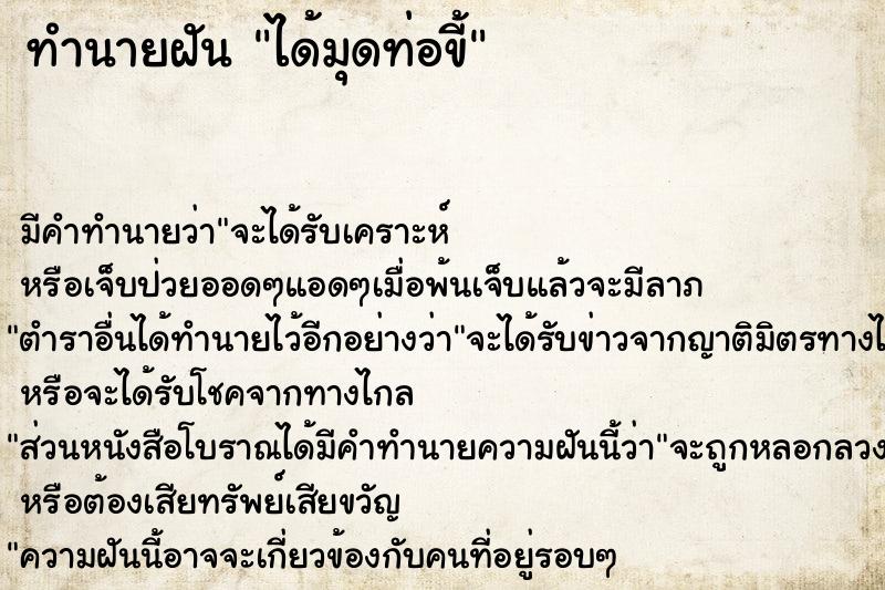 ทำนายฝันได้มุดท่อขี้ ทำนายฝันทำนายฝันได้มุดท่อขี้