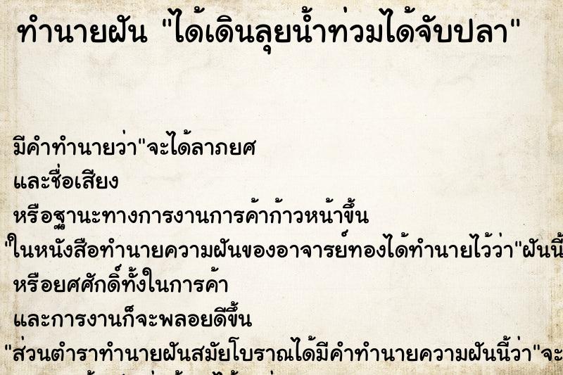 ทำนายฝัน ได้เดินลุยน้ำท่วมได้จับปลา ทำนายฝัน ได้เดินลุยน้ำท่วมได้จับปลา
