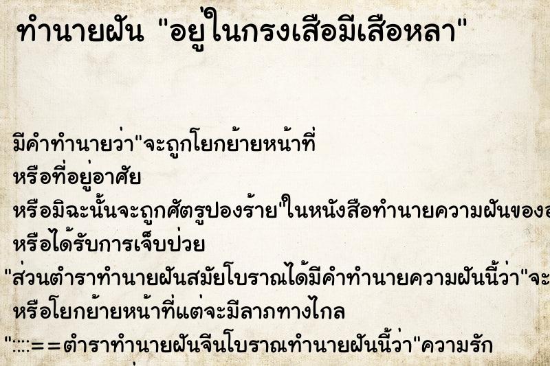 ทำนายฝันอยู่ในกรงเสือมีเสือหลา ทำนายฝันทำนายฝันอยู่ในกรงเสือมีเสือหลา