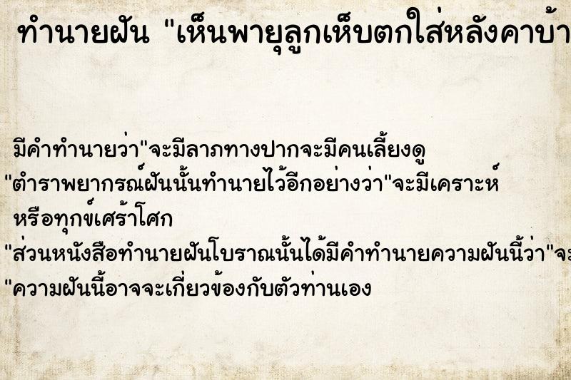 ทำนายฝันเห็นพายุลูกเห็บตกใส่หลังคาบ้านคนอื่นพัง ทำนายฝันทำนายฝันเห็นพายุลูกเห็บตกใส่หลังคาบ้านคนอื่นพัง