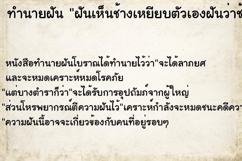 ทำนายฝันฝันเห็นช้างเหยียบตัวเองฝันว่าช้างเหยียบตัวเอง ทำนายฝันทำนายฝันฝันเห็นช้างเหยียบตัวเองฝันว่าช้างเหยียบตัวเอง