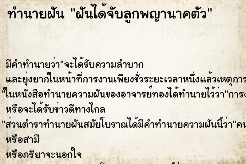 ทำนายฝัน ฝันได้จับลูกพญานาคตัว ตำราโบราณ แม่นที่สุดในโลก