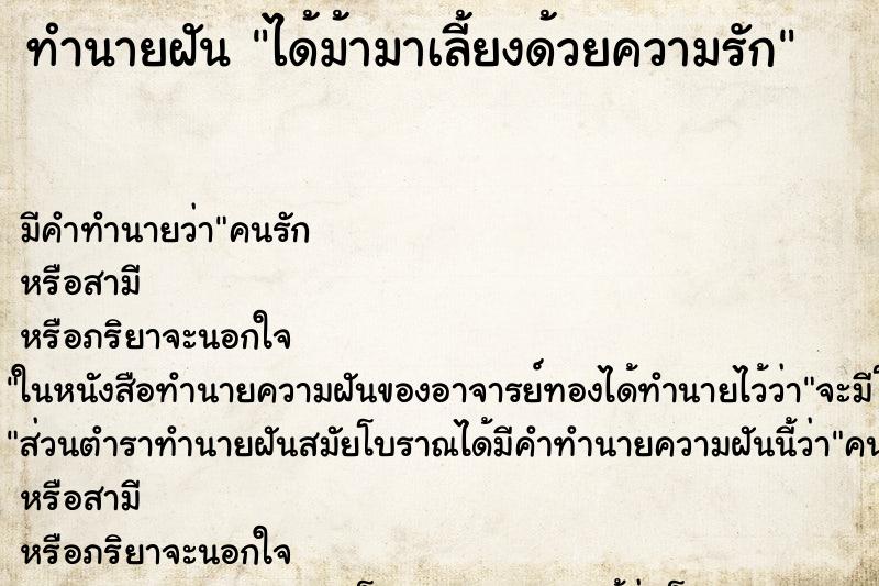 ทำนายฝัน ได้ม้ามาเลี้ยงด้วยความรัก ตำราโบราณ แม่นที่สุดในโลก