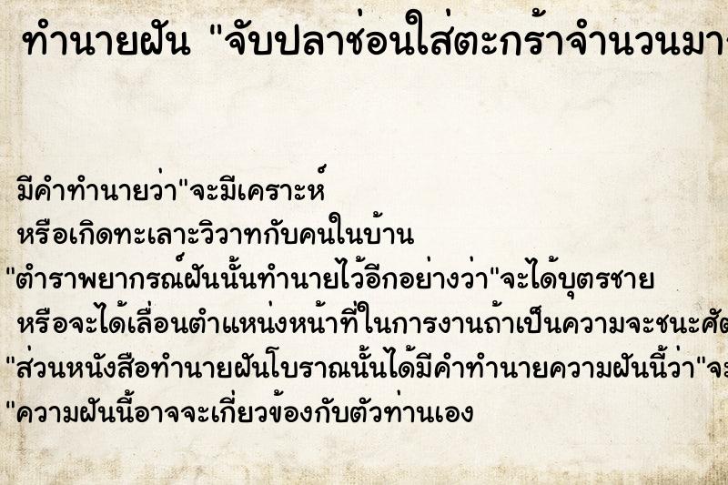 ทำนายฝัน จับปลาช่อนใส่ตะกร้าจำนวนมาก ทำนายฝัน จับปลาช่อนใส่ตะกร้าจำนวนมาก