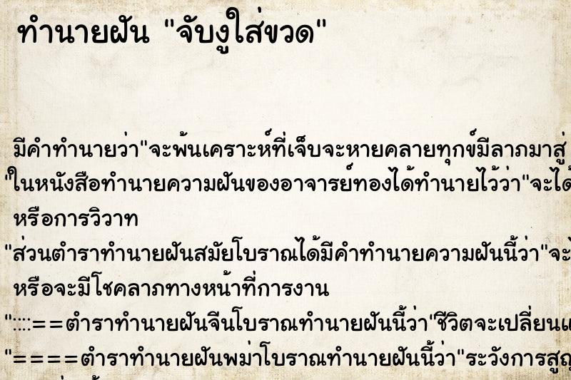 ทำนายฝัน จับงูใส่ขวด ทำนายฝัน จับงูใส่ขวด